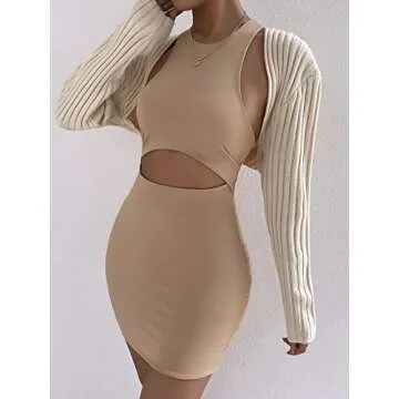 WDIRARA Women's Open Front Drop Shoulder Rib-Knit Long Sleeve Cropped Cardigan Shrug Apricot M