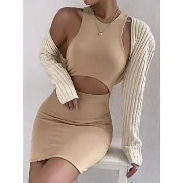 WDIRARA Women's Open Front Drop Shoulder Rib-Knit Long Sleeve Cropped Cardigan Shrug Apricot M