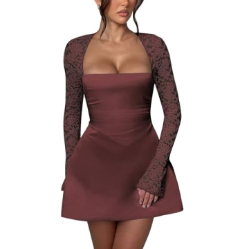 Exquisite Long Sleeve Mini Wedding Dress Lace Cocktail Dress Burgundy