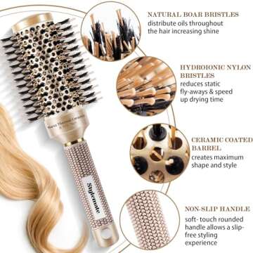 STYLEMATE Round Hair Brush for Blow Out, 1.7 Inch, Nano Thermal Ceramic & Ionic Tech, Boar Bristle, ...