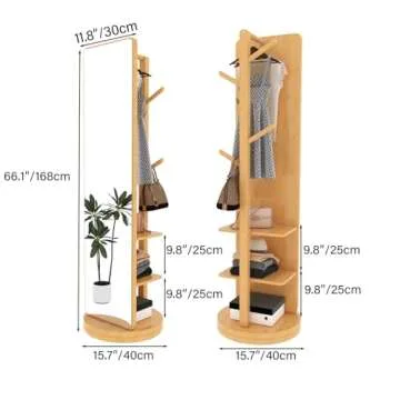 OCKYOOZ Full Length Mirror with Coat Rack, Coat Tree with Shelf, Wood Rotatable Coat Hanger Freestan...