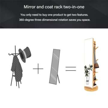 OCKYOOZ Full Length Mirror with Coat Rack, Coat Tree with Shelf, Wood Rotatable Coat Hanger Freestanding, Clothes Hanger Rack, Hat and Coat Hanger Stand for Entryway, Bedroom, Living room(Light Color)