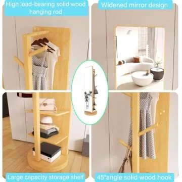 OCKYOOZ Full Length Mirror with Coat Rack, Coat Tree with Shelf, Wood Rotatable Coat Hanger Freestanding, Clothes Hanger Rack, Hat and Coat Hanger Stand for Entryway, Bedroom, Living room(Light Color)