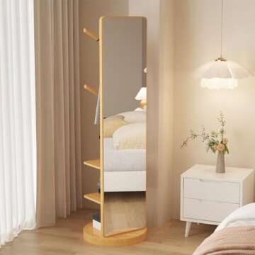 OCKYOOZ Full Length Mirror with Coat Rack, Coat Tree with Shelf, Wood Rotatable Coat Hanger Freestanding, Clothes Hanger Rack, Hat and Coat Hanger Stand for Entryway, Bedroom, Living room(Light Color)