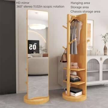 OCKYOOZ Full Length Mirror with Coat Rack, Coat Tree with Shelf, Wood Rotatable Coat Hanger Freestanding, Clothes Hanger Rack, Hat and Coat Hanger Stand for Entryway, Bedroom, Living room(Light Color)