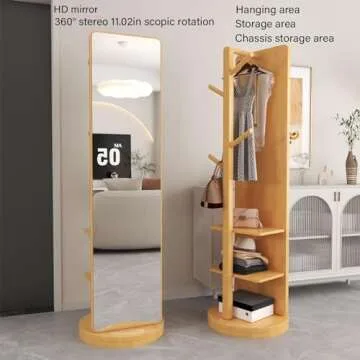 OCKYOOZ Full Length Mirror with Coat Rack, Coat Tree with Shelf, Wood Rotatable Coat Hanger Freestanding, Clothes Hanger Rack, Hat and Coat Hanger Stand for Entryway, Bedroom, Living room(Light Color)