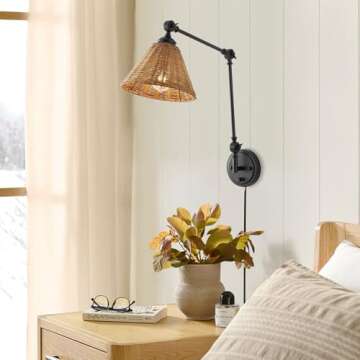 WINGBO Black Wall Sconce Rattan Wrapped Wall Lamp Set of 2, Smaller Size Shade, Adjustable Swing Arm...