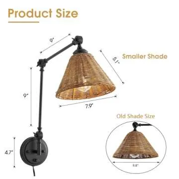WINGBO Black Wall Sconce Rattan Wrapped Wall Lamp Set of 2, Smaller Size Shade, Adjustable Swing Arm Wall Light Fixture Vintage Bedside Light Wicker Handmade Shade Reading Light Plug in or Hardwire