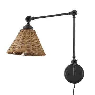 WINGBO Black Wall Sconce Rattan Wrapped Wall Lamp Set of 2, Smaller Size Shade, Adjustable Swing Arm Wall Light Fixture Vintage Bedside Light Wicker Handmade Shade Reading Light Plug in or Hardwire