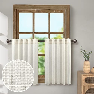 Kitchen Curtains 24 Inch Length 2 Panel Back Tab Pocket Natural Linen Light Filtering Sheer Short Cu...