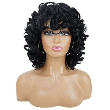 andromeda Curly Wigs for Black Women Soft Black Short Curly Wig with Bangs Afro Loose Curls Heat Res...
