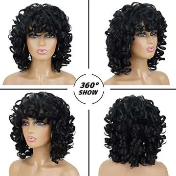 andromeda Curly Wigs for Black Women Soft Black Short Curly Wig with Bangs Afro Loose Curls Heat Resistant Synthetic Wig for African American Women (Black)