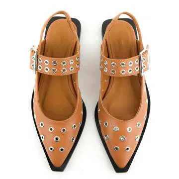 epiluta Brown Slingback Flats for Women with Pointed Toe Adjustable Strap Comfortable and Casual Design Ideal for Dress Occasions with Stylish Grommet Details Size 6