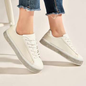 UUBARIS Women's Glitter Tennis Sneakers Neon Dressy Sparkly Sneakers Rhinestone Bling Leopard Print Shoes Shiny Sequin Shoes White Size 8.5