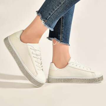 UUBARIS Women's Glitter Tennis Sneakers Neon Dressy Sparkly Sneakers Rhinestone Bling Leopard Print Shoes Shiny Sequin Shoes White Size 8.5