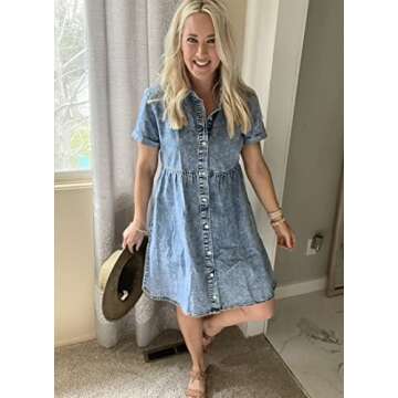 luvamia Women's Casual Denim Dress Short Sleeve Tiered Babydoll Jean Tunic Dress Roadknight Blue Size Medium (Size 8- Size 10)