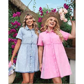 luvamia Women's Casual Denim Dress Short Sleeve Tiered Babydoll Jean Tunic Dress Roadknight Blue Size Medium (Size 8- Size 10)