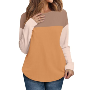 WIHOLL Tunic Tops to Wear with Leggings Womens Round Neck Color Block Long Sleeve Tops Fall Winter K...