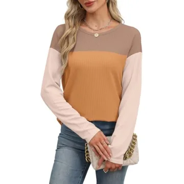 WIHOLL Tunic Tops to Wear with Leggings Womens Round Neck Color Block Long Sleeve Tops Fall Winter Knitted Ribbed Curved Hem Shirts Orange Khaki S