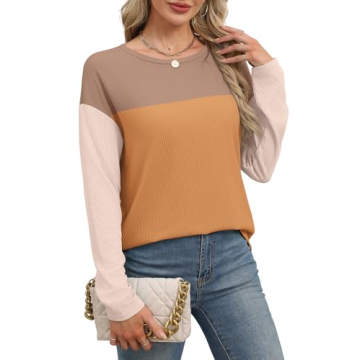WIHOLL Tunic Tops to Wear with Leggings Womens Round Neck Color Block Long Sleeve Tops Fall Winter Knitted Ribbed Curved Hem Shirts Orange Khaki S