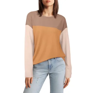 WIHOLL Tunic Tops to Wear with Leggings Womens Round Neck Color Block Long Sleeve Tops Fall Winter Knitted Ribbed Curved Hem Shirts Orange Khaki S