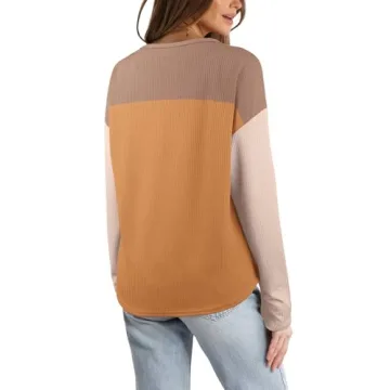 WIHOLL Tunic Tops to Wear with Leggings Womens Round Neck Color Block Long Sleeve Tops Fall Winter Knitted Ribbed Curved Hem Shirts Orange Khaki S
