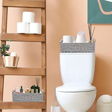 HOSROOME Round Paper Rope Storage Basket Wicker Baskets for Organizing with Handle Decorative Storage Bins for Countertop Toilet Paper Basket for Toilet Tank Top Small Baskets Set (Set of 2,Grey)