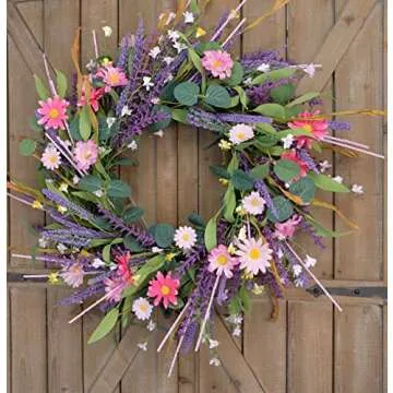 CIR OASES 22inch Artificial Spring Summer Wreath Lavender with Colorful Flowers,Green Leaves for Front Door Home Wall Party Decor
