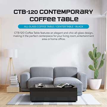 SONOROUS Premium Tempered Glass Coffee Table - Fingerprint Resistant Luxury Center Table for Living Room - High Gloss Coffee Table - Modern Rectangular Table Sleek Design - Black