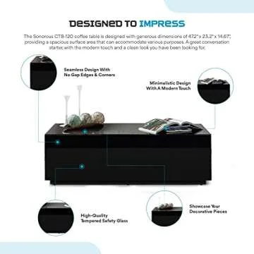 SONOROUS Premium Tempered Glass Coffee Table - Fingerprint Resistant Luxury Center Table for Living Room - High Gloss Coffee Table - Modern Rectangular Table Sleek Design - Black