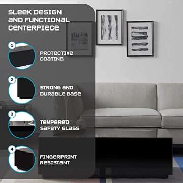 SONOROUS Premium Tempered Glass Coffee Table - Fingerprint Resistant Luxury Center Table for Living Room - High Gloss Coffee Table - Modern Rectangular Table Sleek Design - Black