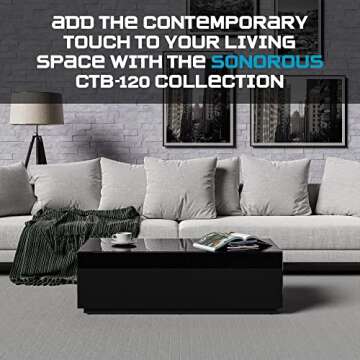 SONOROUS Premium Tempered Glass Coffee Table - Fingerprint Resistant Luxury Center Table for Living Room - High Gloss Coffee Table - Modern Rectangular Table Sleek Design - Black