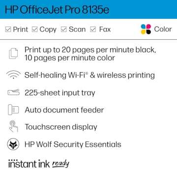 HP OfficeJet Pro 8135e Wireless All-in-One Color Inkjet Printer, Print, Scan, Copy, Fax, ADF, Duplex...