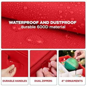 Christmas Ornament Storage Container with Dividers -Box Stores Up to 54-4" Ornaments, Zippered, Convenient, Adjustable, Heavy Duty 600D, Large Organizer Bin to Protect and Store Holiday Décor (Red)