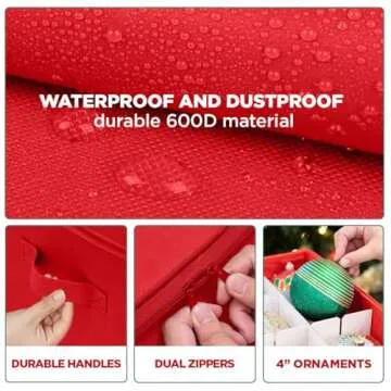 Christmas Ornament Storage Container with Dividers -Box Stores Up to 54-4" Ornaments, Zippered, Convenient, Adjustable, Heavy Duty 600D, Large Organizer Bin to Protect and Store Holiday Décor (Red)