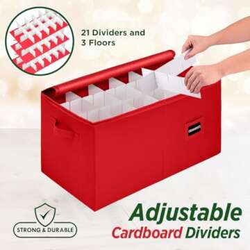 Christmas Ornament Storage Container with Dividers -Box Stores Up to 54-4" Ornaments, Zippered, Convenient, Adjustable, Heavy Duty 600D, Large Organizer Bin to Protect and Store Holiday Décor (Red)