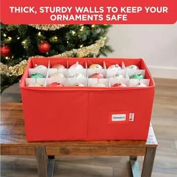 Christmas Ornament Storage Container with Dividers -Box Stores Up to 54-4" Ornaments, Zippered, Convenient, Adjustable, Heavy Duty 600D, Large Organizer Bin to Protect and Store Holiday Décor (Red)