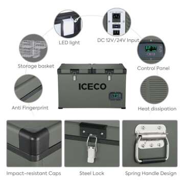 ICECO VL60 Dual Zone Portable Refrigerator with SECOP Compressor, 60 Liters Platinum Compact Refrigerator, DC 12/24V, AC 110-240V, 0℉ to 50℉, Home & Car Use (with Insulated Cover)