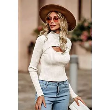 PRETTYGARDEN Women's 2024 Fashion Fall Clothes 2 Piece Cutout Tops Long Sleeve Mock Neck Rib Knit Winter Pullover Sweater (Beige White,Medium)