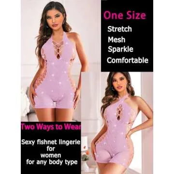 Avidlove Fishnet Lingerie Woman Fishnet Body Suits Halter Pink Fishnet Outfit Cut Out Fishnet Lingerie Romper
