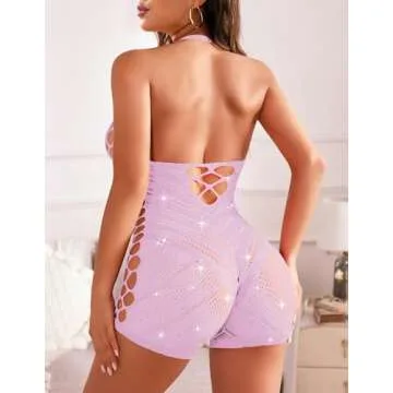 Avidlove Fishnet Lingerie Woman Fishnet Body Suits Halter Pink Fishnet Outfit Cut Out Fishnet Lingerie Romper