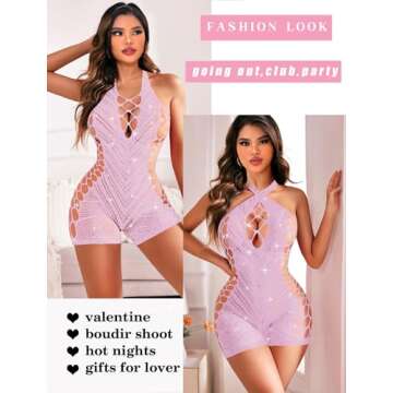 Avidlove Fishnet Lingerie Woman Fishnet Body Suits Halter Pink Fishnet Outfit Cut Out Fishnet Lingerie Romper
