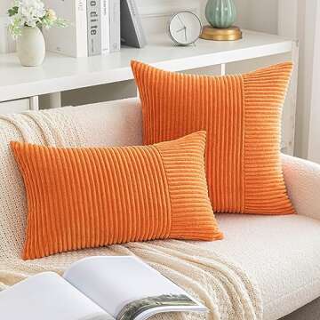 AQOTHES Set of 2 Orange Striped Patchwork Corduroy Throw Pillow Covers 20x20, Decorative Square Thro...