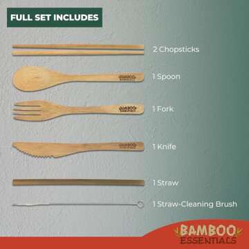 Eco-Friendly Travel Utensils Set - Bamboo Fork, Knife, Spoon, Straw & More