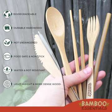 Travel Utensils Set: Eco-friendly Bamboo Fork, Knife, Spoon