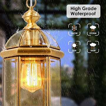 Outdoor Brass Hanging Light Fixtures, Waterproof Pendant Lighting Exterior Light Ceiling Porch Light, Chain Adjustable with Clear Glass Gold Outside Lights for House Entryway Yard Doorway Kitchen