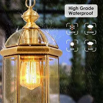 Outdoor Brass Hanging Light Fixtures, Waterproof Pendant Lighting Exterior Light Ceiling Porch Light, Chain Adjustable with Clear Glass Gold Outside Lights for House Entryway Yard Doorway Kitchen