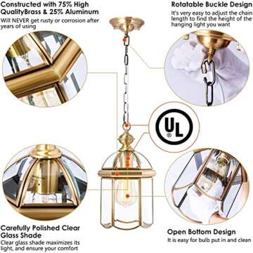 Outdoor Brass Hanging Light Fixtures, Waterproof Pendant Lighting Exterior Light Ceiling Porch Light, Chain Adjustable with Clear Glass Gold Outside Lights for House Entryway Yard Doorway Kitchen