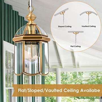 Outdoor Brass Hanging Light Fixtures, Waterproof Pendant Lighting Exterior Light Ceiling Porch Light, Chain Adjustable with Clear Glass Gold Outside Lights for House Entryway Yard Doorway Kitchen