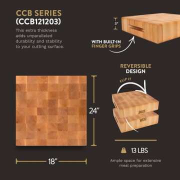 John Boos Boos Block CCB Series Large Reversible Wood Chopping Board, 3-Inch Thickness, 12" x 12" x 3", Maple